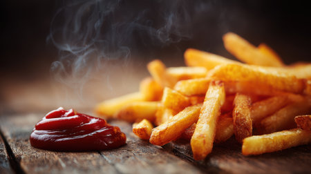Close-up of hot French fries with steam rising, dipped in ketchup on a rustic wooden surface, photorealistic detail and shallow depth of fieldの素材