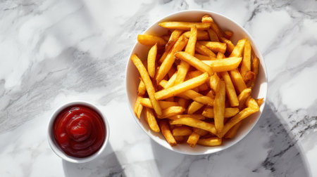 Overhead view of French fries in a white bowl with a ketchup cup beside, placed on a marble surface with realistic shadowsの素材