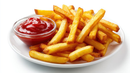 Realistic studio mockup of crispy fries with ketchup dip in a small glass bowl, minimalistic white backgroundの素材