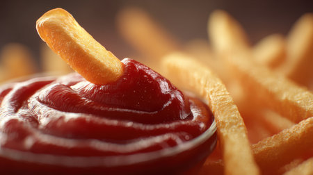 Realistic close-up of a single French fry dipped halfway in ketchup, detailed sauce texture and crispy fry edgesの素材