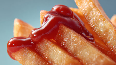 Realistic close-up of a single French fry dipped halfway in ketchup, detailed sauce texture and crispy fry edgesの素材