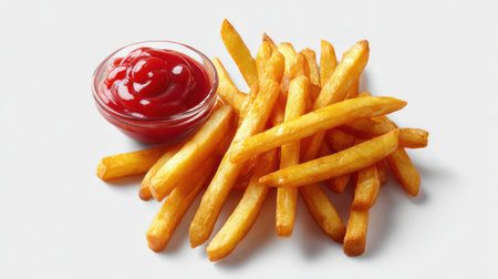 Realistic studio mockup of crispy fries with ketchup dip in a small glass bowl, minimalistic white backgroundの素材