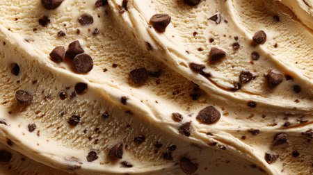 Close-up of chocolate chip ice cream texture, macro detail, clean background, soft lighting for premium lookの素材