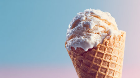 Ice cream cone close-up with melting texture, soft pastel background, shallow depth of field, minimalist summer vibeの素材