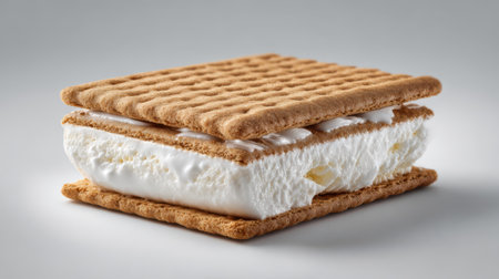 Ice cream sandwich with visible texture on plain light gray background, crisp detail, clean compositionの素材
