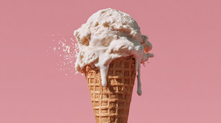Melted ice cream dripping from a cone, soft pink background, shallow depth of field, clean minimalist food conceptの素材