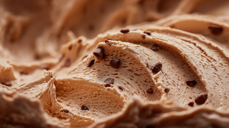 Close-up of chocolate chip ice cream texture, macro detail, clean background, soft lighting for premium lookの素材