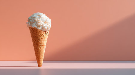 Ice cream cone placed upright on smooth surface, natural light, plain pastel background, modern clean aestheticの素材