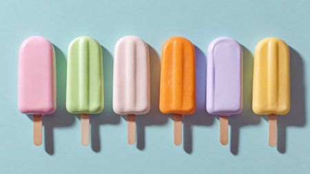 Colorful popsicles on pastel blue background. Top view.の素材