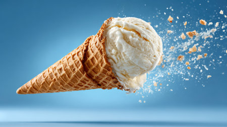 Ice cream in a waffle cone with splashes flying on blue backgroundの素材