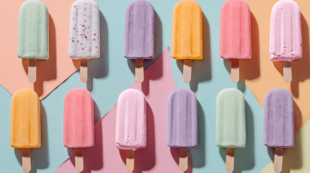 Colorful ice creams on pastel background. Top view.の素材