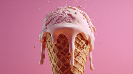 ice cream in a waffle cone on a pink background, close-upの素材