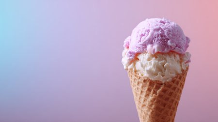 Pink ice cream in waffle cone on pink background with copy spaceの素材