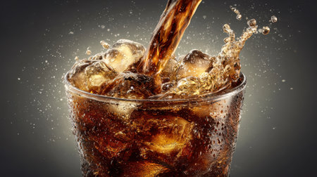 Cola being poured into a glass filled with ice cubes, fizzy bubbles overflowing, delicious and realistic look, clean background, no text, no logoの素材