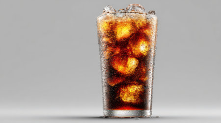 Cola with ice served in a tall glass, shining bubbles and frothy top, condensation on glass surface, on clean background, no text, no logoの素材
