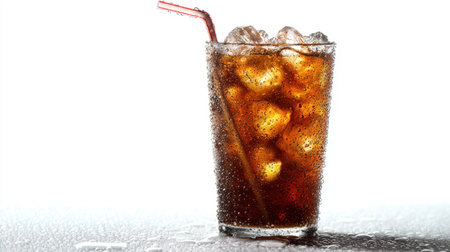 A glass of cola with ice and straw, condensation dripping down, illuminated by soft studio lighting, simple white background, no text, no logoの素材