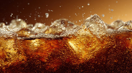 A close-up of cola surface with bubbling carbonation and floating ice, rich golden-brown tones, clean simple background, no text, no logoの素材
