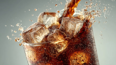Cola with ice cubes in glass on grey background, close-upの素材