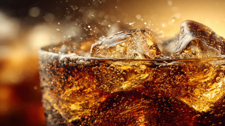 A close-up of cola surface with bubbling carbonation and floating ice, rich golden-brown tones, clean simple background, no text, no logoの素材