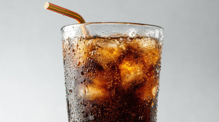 A glass of cola with ice and straw, condensation dripping down, illuminated by soft studio lighting, simple white background, no text, no logoの素材