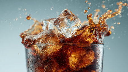 cola with ice cubes on a blue background, close-upの素材