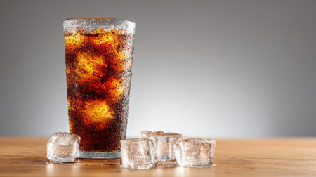 A tall glass of sparkling cola beside ice cubes on the table, condensation shining under light, minimalist neutral background, no text, no logoの素材