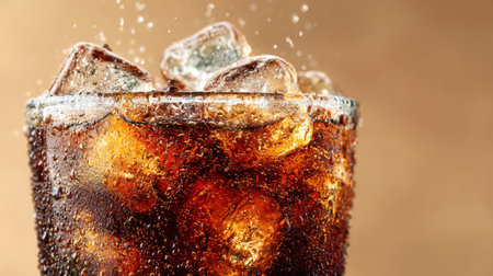 Ice-cold cola glass sweating with condensation, crystal-clear ice floating, delicious and realistic detail, simple background, no text, no logoの素材