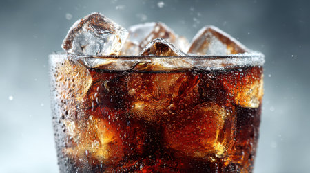Ice-cold cola glass sweating with condensation, crystal-clear ice floating, delicious and realistic detail, simple background, no text, no logoの素材