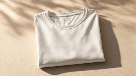 Minimalist round neck T-shirt mockup folded neatly, centered on light beige surface, subtle shadows for depthの素材
