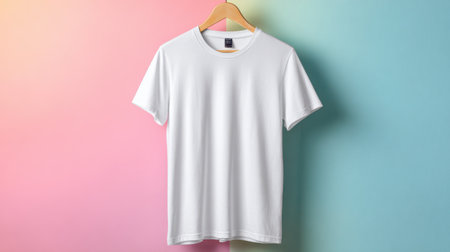 White t-shirt on a hanger on a blue and pink backgroundの素材