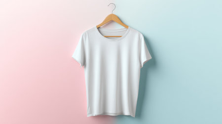 White t-shirt mockup on hanger on pastel background. 3d renderingの素材
