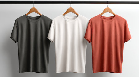 Blank t-shirts on wooden hangers, 3d renderの素材