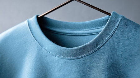 Close-up mockup of round neck T-shirt sleeve and collar detail, soft background blur, clean product photographyの素材