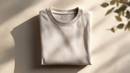 White cotton t-shirt on a beige background with shadows.の素材
