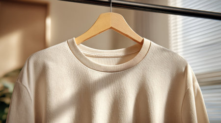 High-quality mockup of round neck T-shirt hanging neatly on clothing rack, light neutral background, soft natural lightの素材