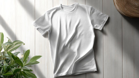 T-shirt on white wooden background, top view. Mockup for designの素材
