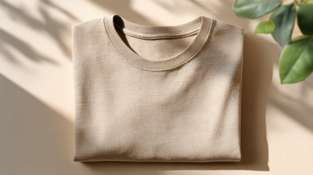 Beige t-shirt on a beige background, top viewの素材