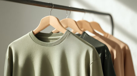 High-quality mockup of round neck T-shirt hanging neatly on clothing rack, light neutral background, soft natural lightの素材