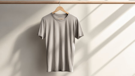 Blank gray t-shirt hanging on wooden hanger against white wallの素材