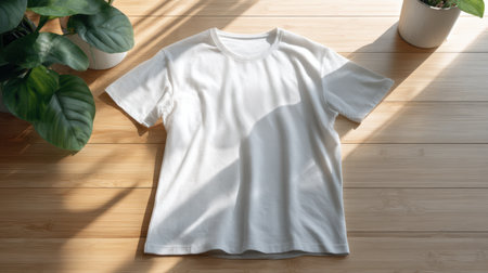 Simple round neck T-shirt mockup placed on light wood surface, soft daylight, clean and calm fashion sceneの素材