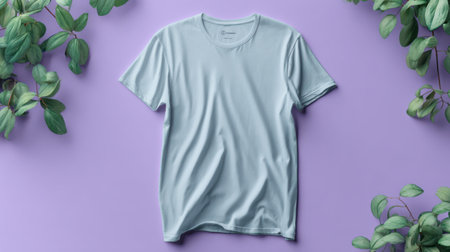 Blank t-shirt on purple background with eucalyptus leavesの素材