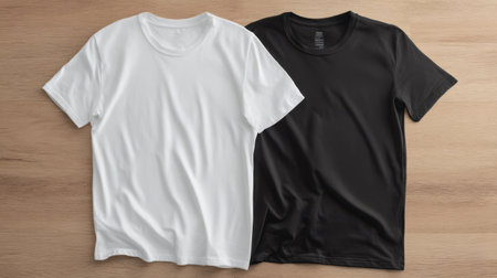 Two round neck T-shirts mockup, one white and one black, side by side on flat clean surface, modern fashion layoutの素材