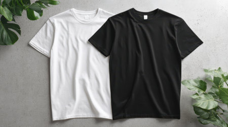 Two round neck T-shirts mockup, one white and one black, side by side on flat clean surface, modern fashion layoutの素材