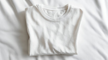 Round neck T-shirt mockup laid flat on a smooth white background, realistic fabric texture, soft daylight, minimal modern studio setupの素材