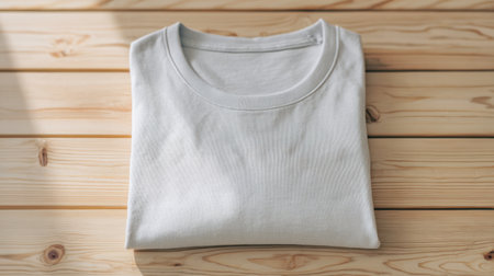 Simple round neck T-shirt mockup placed on light wood surface, soft daylight, clean and calm fashion sceneの素材