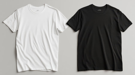 Two round neck T-shirts mockup, one white and one black, side by side on flat clean surface, modern fashion layoutの素材