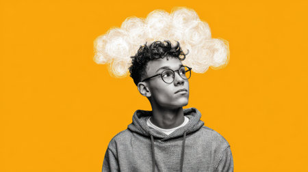 A contemplative student with a floating white cloud bubble over their head, modern background, natural expression, conceptual art style, no textの素材
