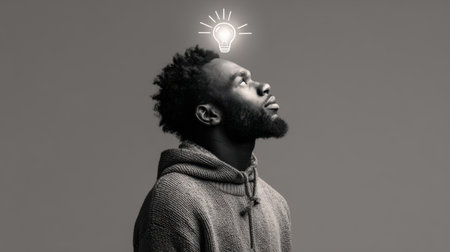Young black man with glowing light bulb above his head on dark backgroundの素材