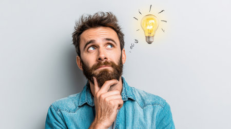 A half-body portrait of a person making a thoughtful face, glowing lightbulb floating above their head with a pop-up image beside it, bright clean background, no textの素材