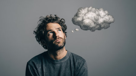 A creative concept portrait of a pensive man wearing casual clothes, cloud-shaped thought bubble hovering above him, clean modern background, no textの素材